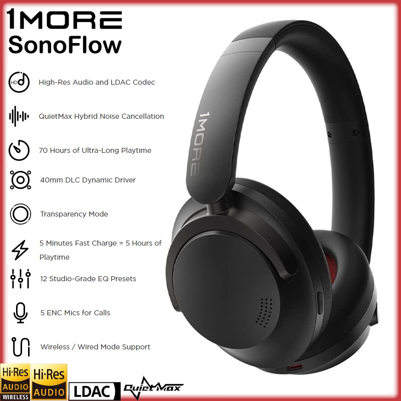 1MORE SonoFlow Wireless Active Noise Cancelling Headphones - HC905 ...