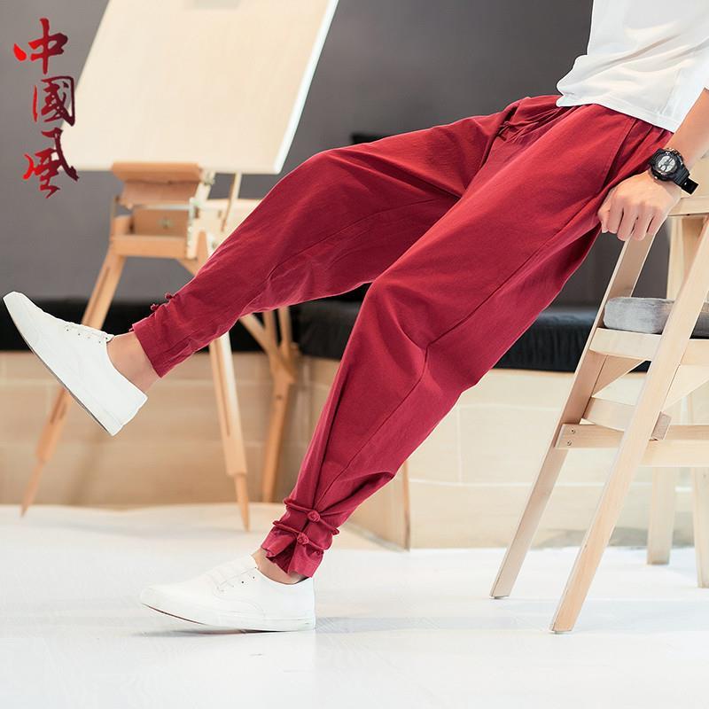 【现货速发】复古中国风棉麻长裤男士大码宽松唐装汉服盘扣束脚裤哈伦休闲裤子Retro Chinese style cotton and ...