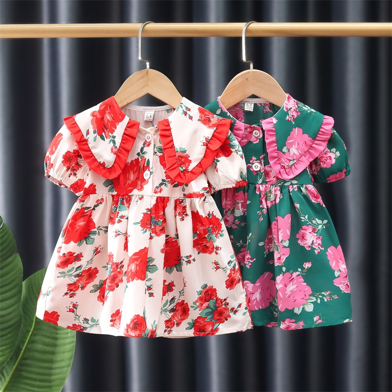 Ruffle Large Lapels Baby Girl Short Sleeved Dresses Sweet Big Peony Flower Print Summer New Infant Dresses Korean Idyllic Style Girls Children S Clothing 0 3 Years Shopee Malaysia