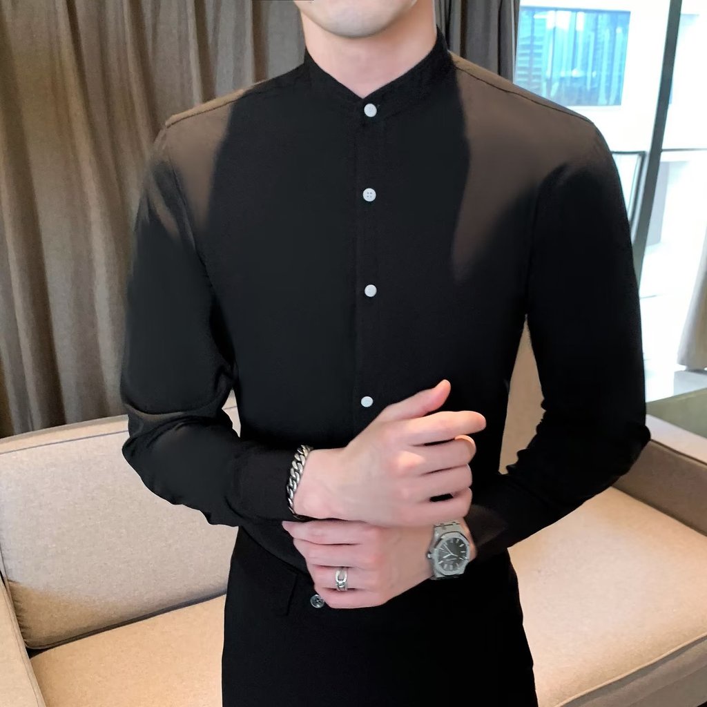 Skinny Shirt Men Summer Slim Fit Stand Collar Plain All Match Casual ...