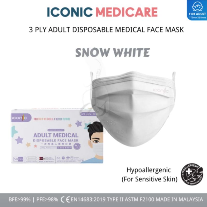 Iconic adult 3 PLY MASK / SIGNATURE SNOW WHITE 3 PLY MEDICAL DISPOSABLE