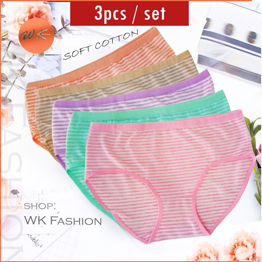 Women's Cotton Panties 3pcs Soft Striped Women Underpants Solid