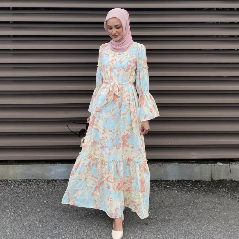chinese dress ladies Floral print maxi dress, long sleeve plus size dress, Muslim clothing,   ScarfTurbanHijab