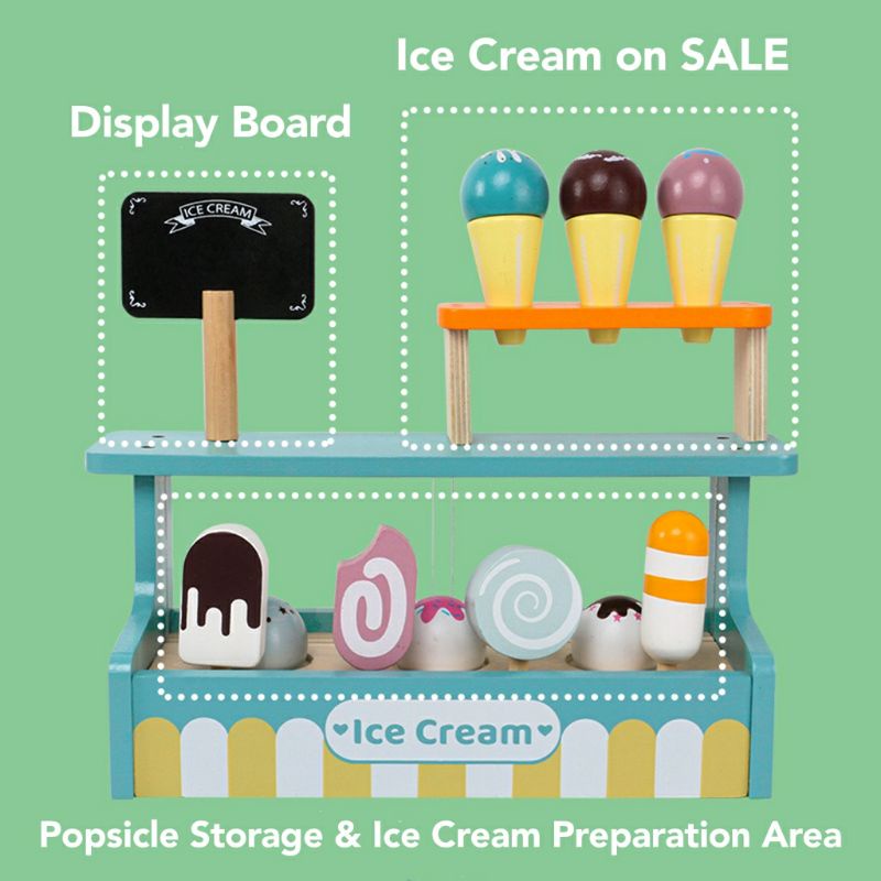 Wooden Ice Cream Shop Cart Toy Kids Role Play Wooden Popsicle Pretend
