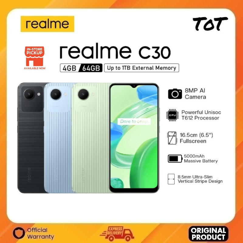 REALME C30 (4GB RAM + 64GB ROM) 6.52 FHD+ l Unisoc T612 Octa-core (12 nm)  l UFS 2.2
