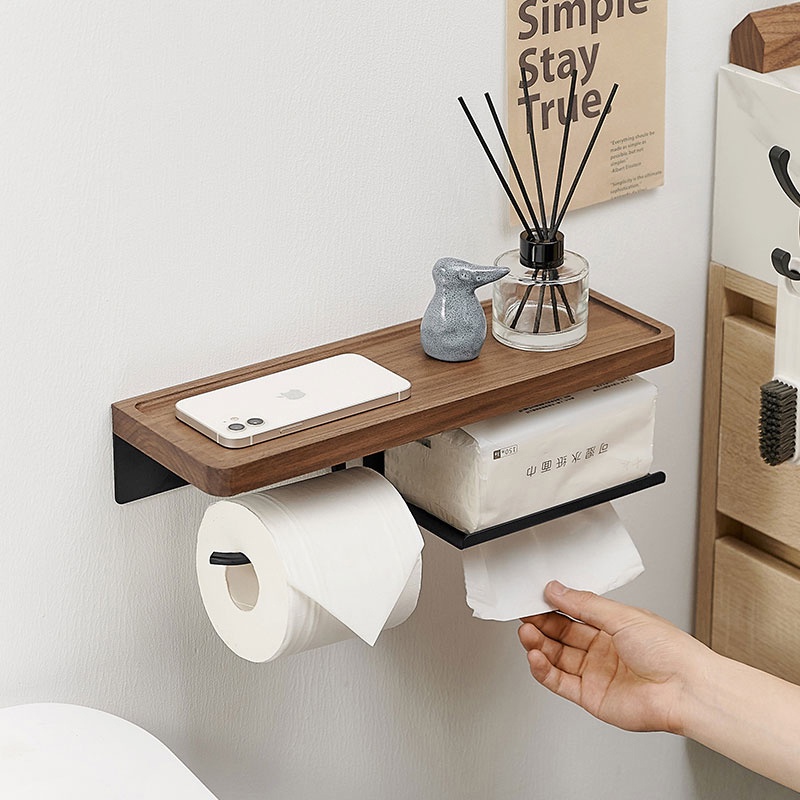 Toilet Paper Holder with Black Walnut Shelf for Bathroom,Wall Mounted