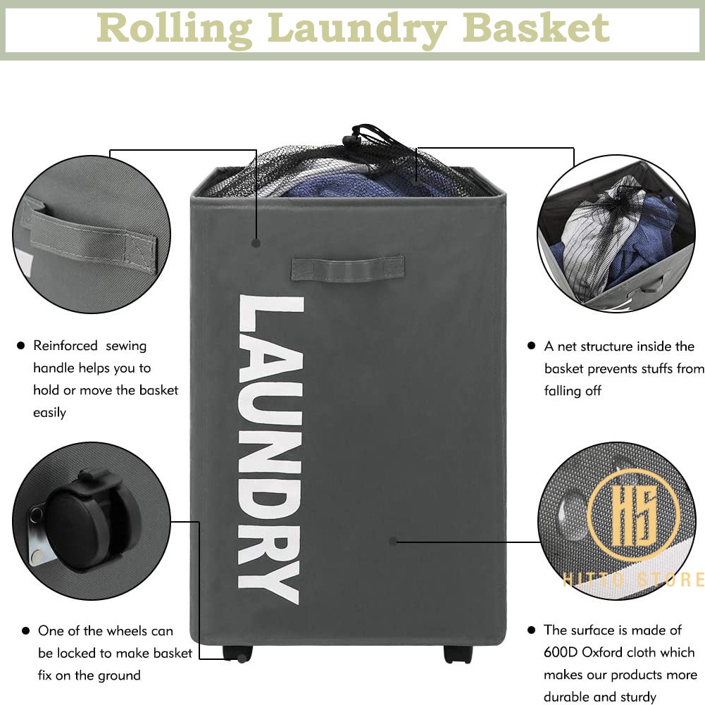 Hitto 70L Rolling Laundry Basket with Stand Foldable Waterproof and