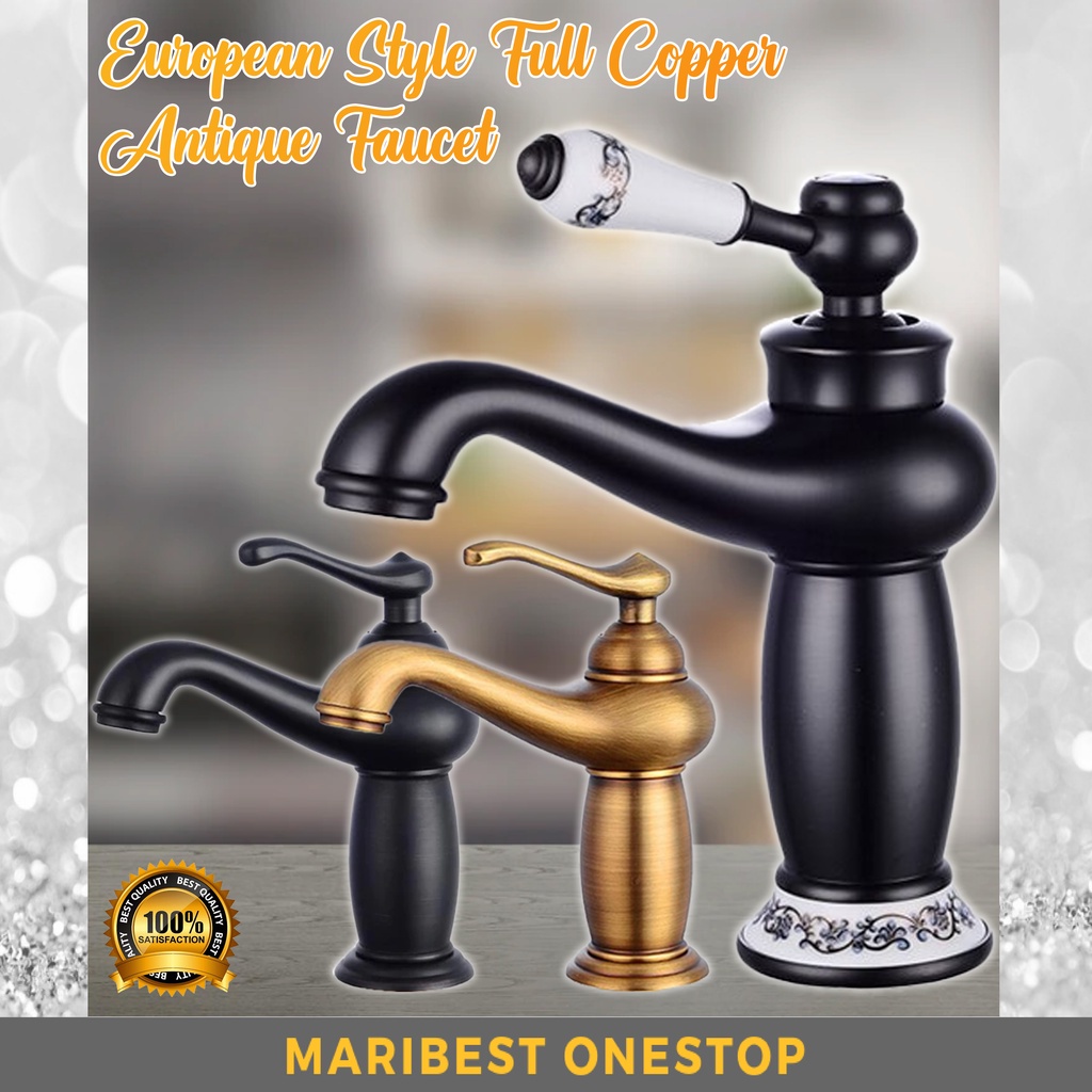 European Style Bathroom Sink Faucet Antique Full Copper Single Handle ...