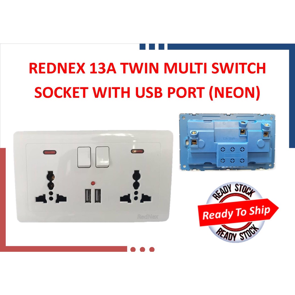 REDNEX 13A TWIN MULTI SWITCH SOCKET WITH USB PORT (NEON) | Shopee Malaysia