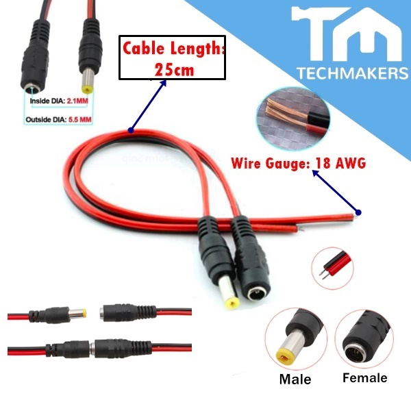 12V/24V 5A Connector DC Plug Male to 2.1x5.5mm DC Connector Female Jack