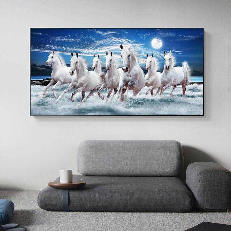 Nordic Style Wall Decoration 7 Running White Horse Canvas Painting For ...