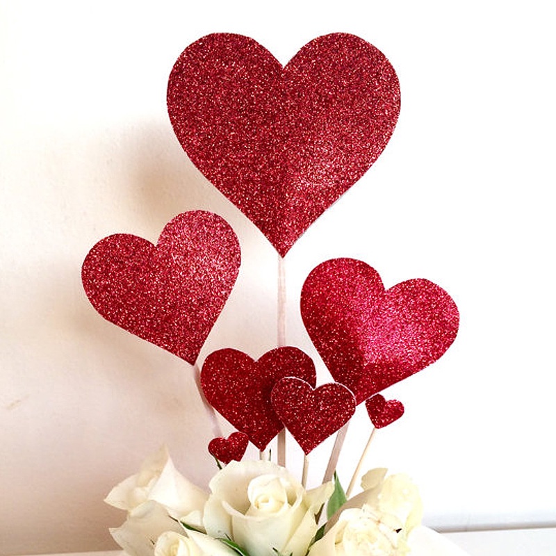 7pcs/set Glitter heart-shaped Cake Topper Love heart Cupcake Topper for ...