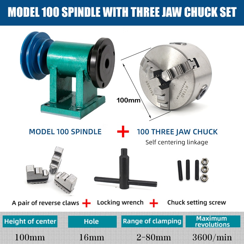 Lathe Machine RATTMMOTOR 100mm 3-Jaw Lathe Chuck Spindle Assembly - No ...