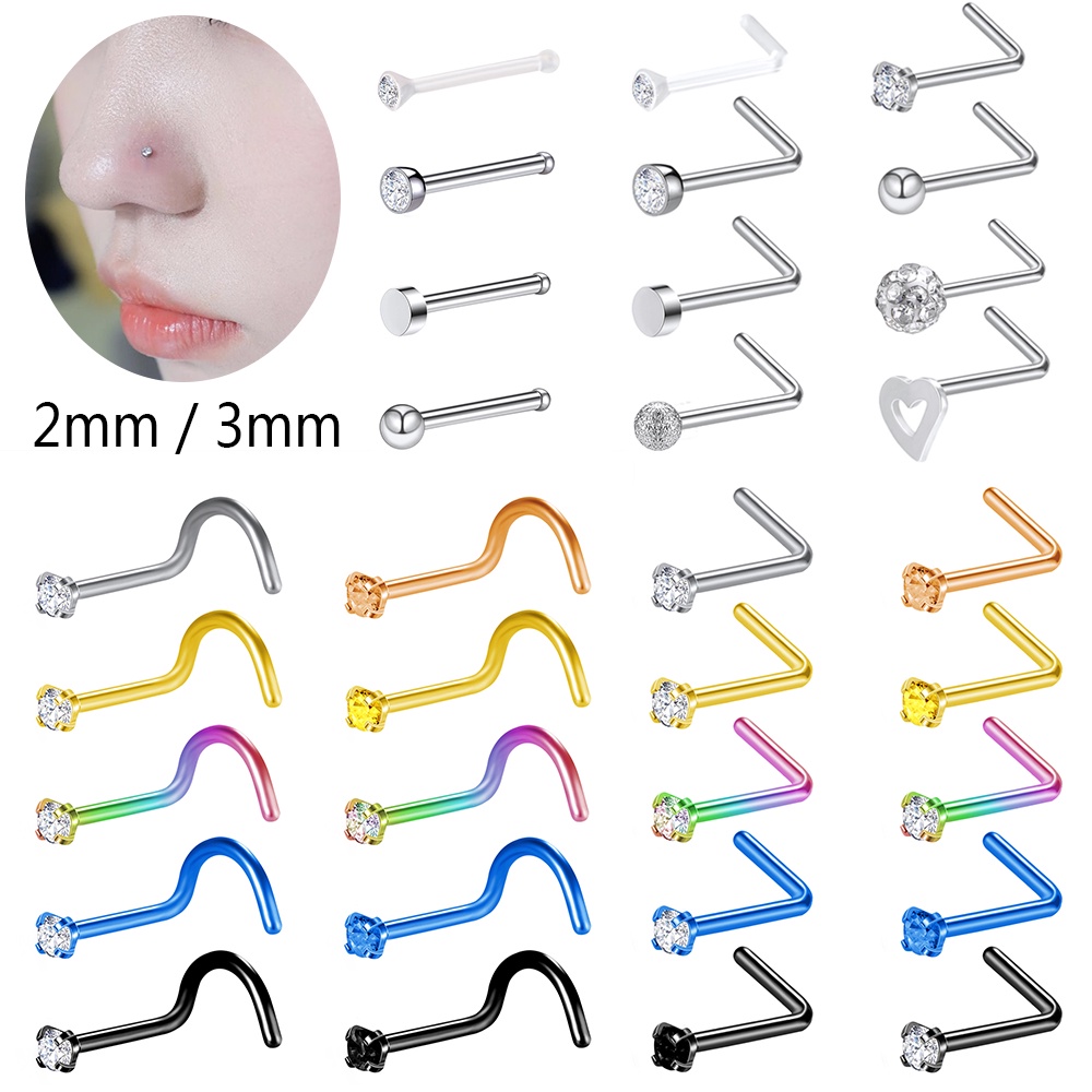 6-10pcs 1.5/2.5/2/3mm Color Crystal Nose Piercing Stainless Steel Nose ...