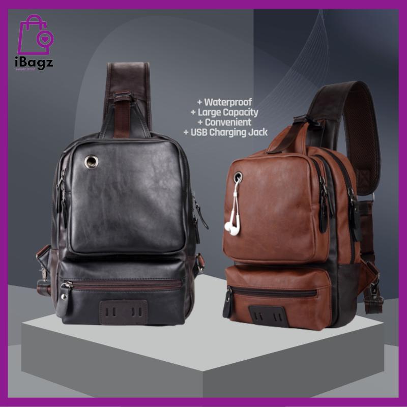 Men vintage pu leather crossbody sling bag large capacity casual backpack usb charge on sale