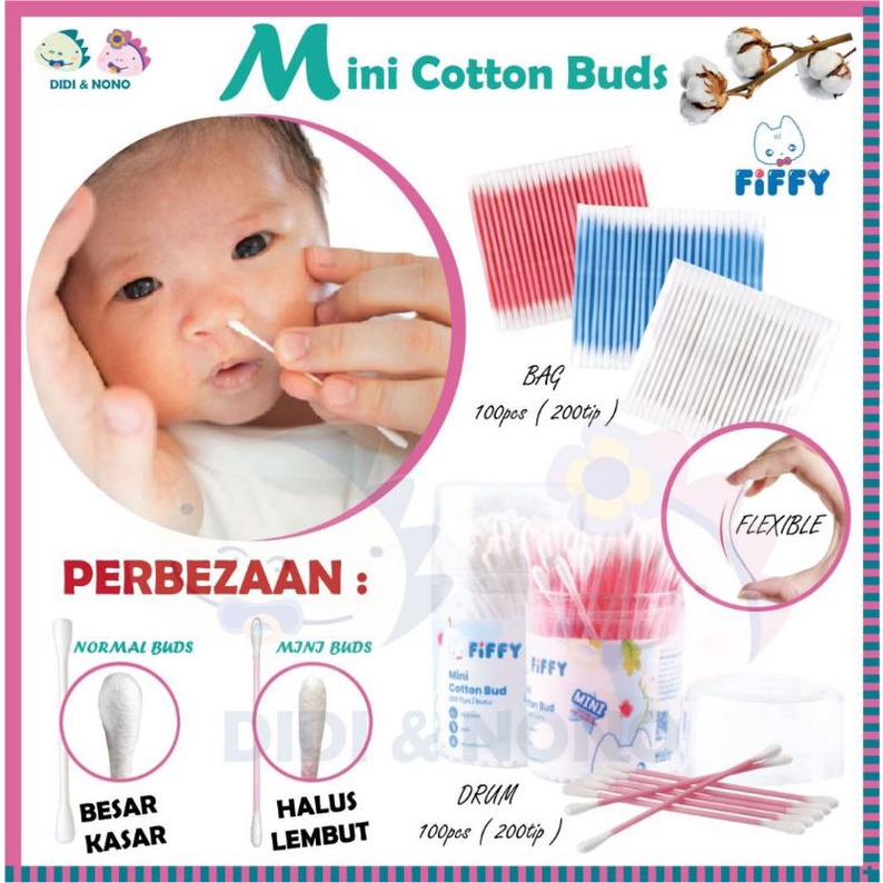 FIFFY Multi Purpose Mini Cotton Bud (200tips = 100 pcs) baby extra mini ...