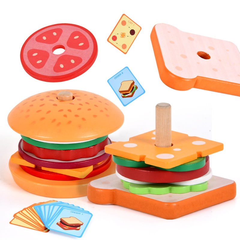 Montessori Wooden Stacking game for kids fast food sandwich playset