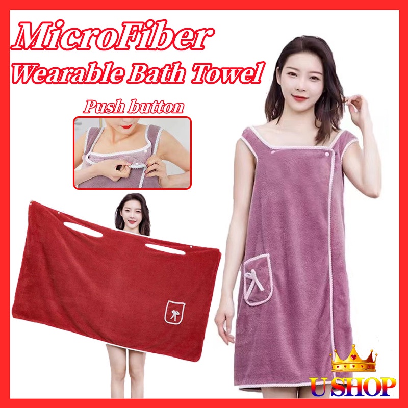 Women Bath Towel Wearable Towels Super Absorbent Solid Color Bath Sleep Wear, Red