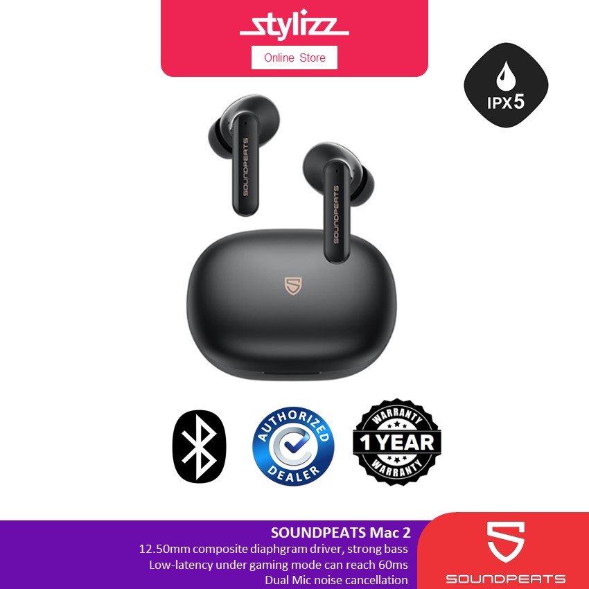 SoundPEATS Mac Mac 2 Bluetooth 5.0 Type C Quick Charge Deep Bass Wireless Earbuds Built in Microphone IPX7 Waterproof