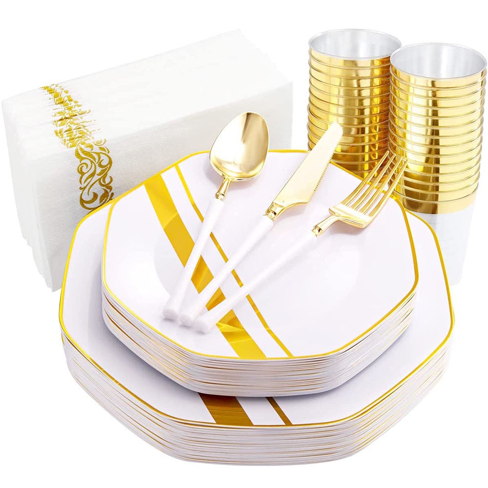 Golden Party Disposable Tableware Set Party Table Decoration Plastic