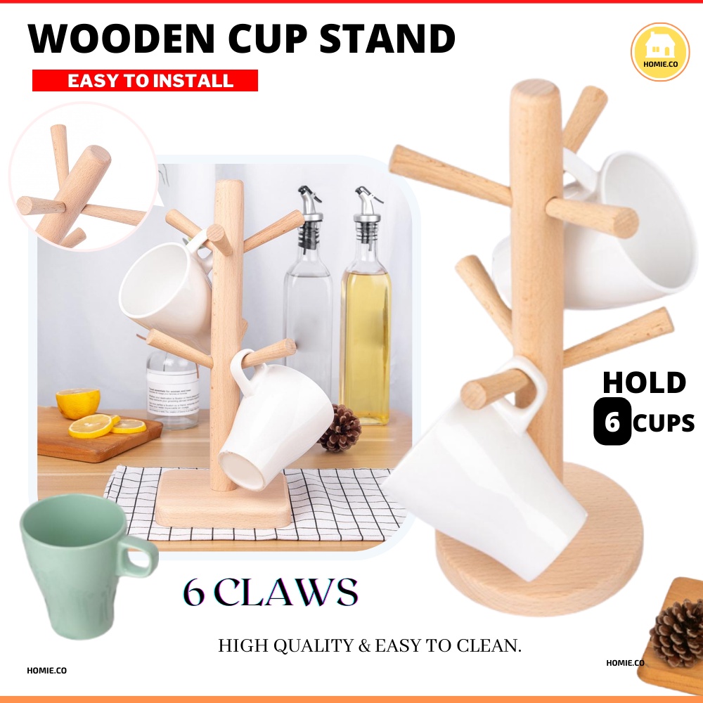 Wooden Coffee Cup Holder Tree 6 Cup Holder Stand Kitchen Hanger Wooden