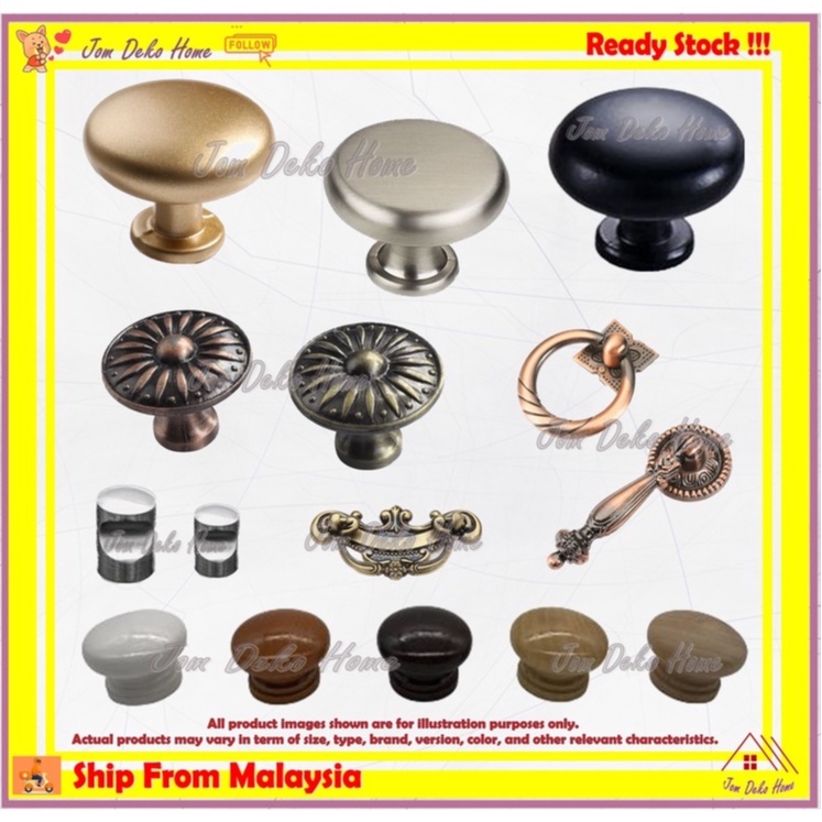 Round Pull Knob Handle for Drawer Wardrobe Wood Door Handle Pemegang Kayu Bulat Gold