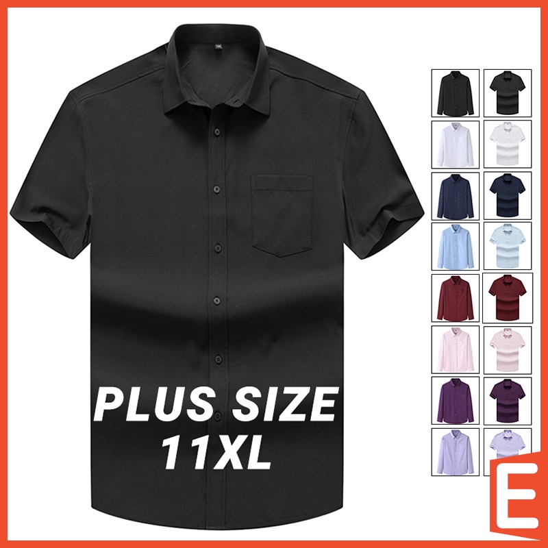 11XL] Plus Size Shirt Men Baju Kemeja Lelaki Lengan Pendek Loose Plain  Korean Collar Short / Long Sleeve Black White Top Shirts with Chest Pocket  Man Casual Big Oversized Clothing