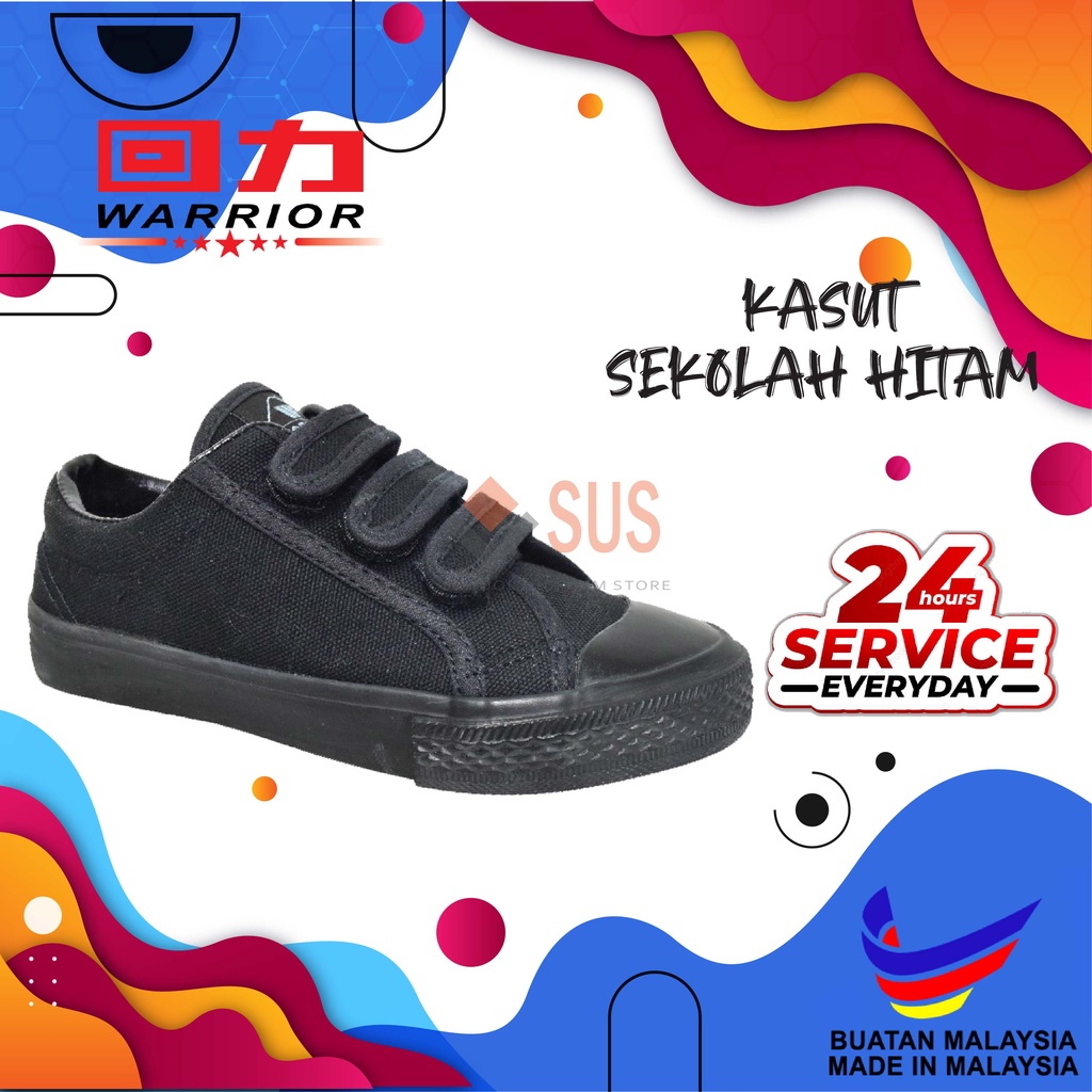 2692bk Kasut Sekolah Jenama Warrior 3 Lekat Black Shoe 3 Lekat