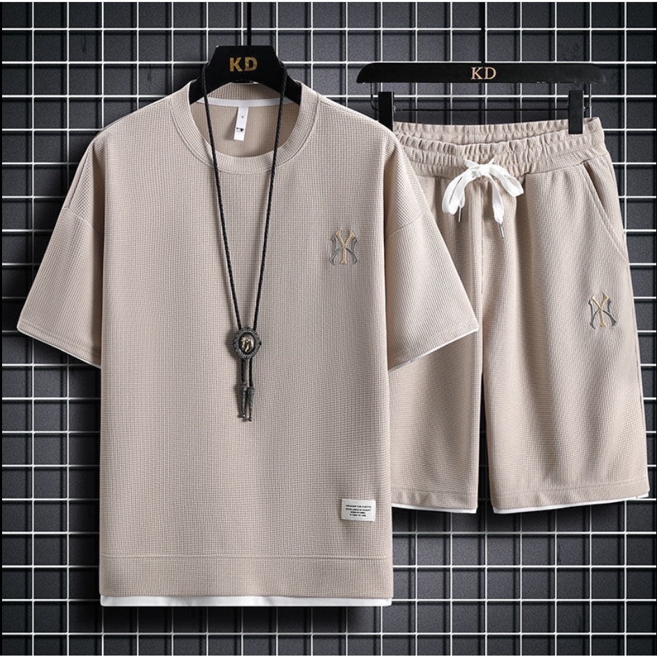 New Style Summer Men's Sportswear Ice Silk Short-Sleeved Suit Waffle t ...