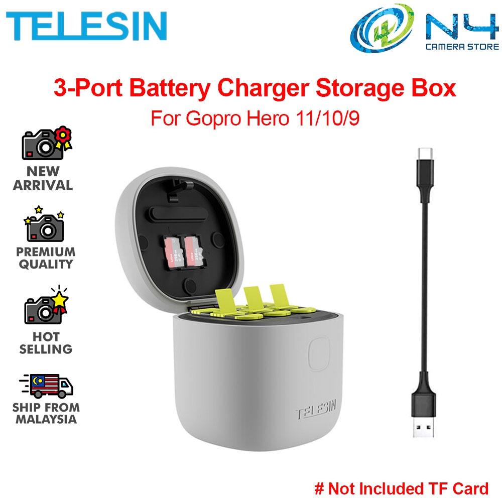 TELESIN GP-BTR-906-GY 3Pack 1750mAh Battery 3 Ways Charger TF Card Reader Storage  Charging Box for GoPro HERO11 Hero10