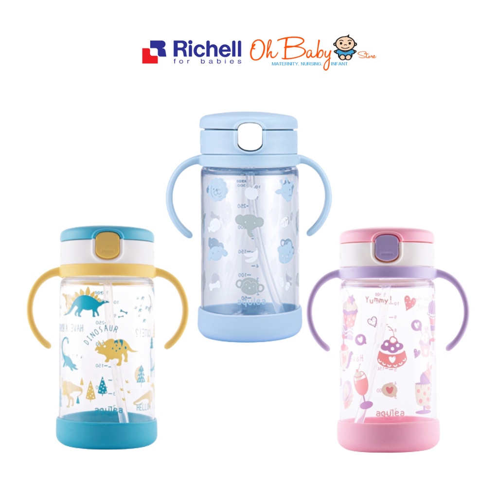 Richell AQ Clear Straw Bottle Mug 320ml With Bottom Cover for Baby 7m ...