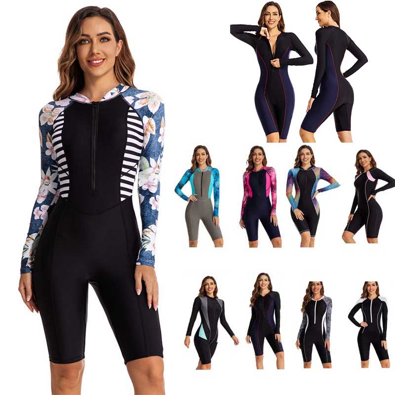 Women Rashguard Long Sleeve One Piece Knee Length Profession Jumpsuit Swimsuit Swimwear Women