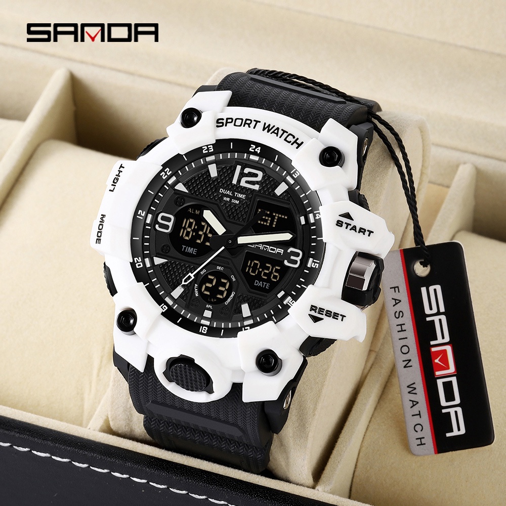 2023 SANDA Men Military Watches White Sport Watch LED Digital 50M