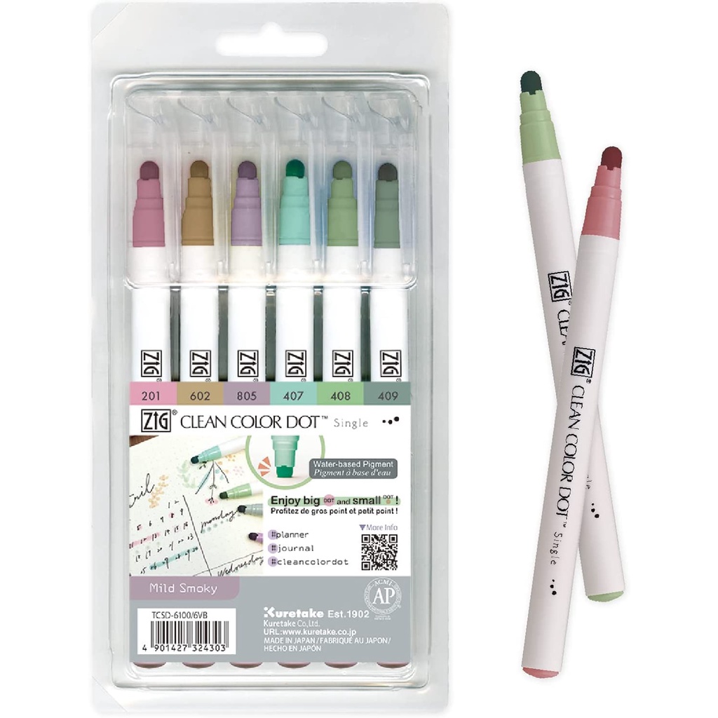 Kuretake Zig 4 Clean Colour Dot Pen Set - Twin Tip (0.5mm Fine & Dot Point), Water-Based Pigment, 4 Colors
