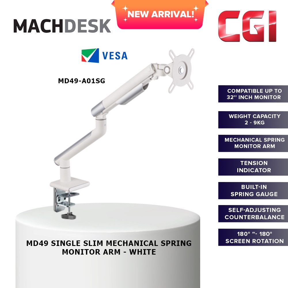 MachDesk MD49 Single Slim Mechanical Spring Monitor Arm - White (MD49 ...