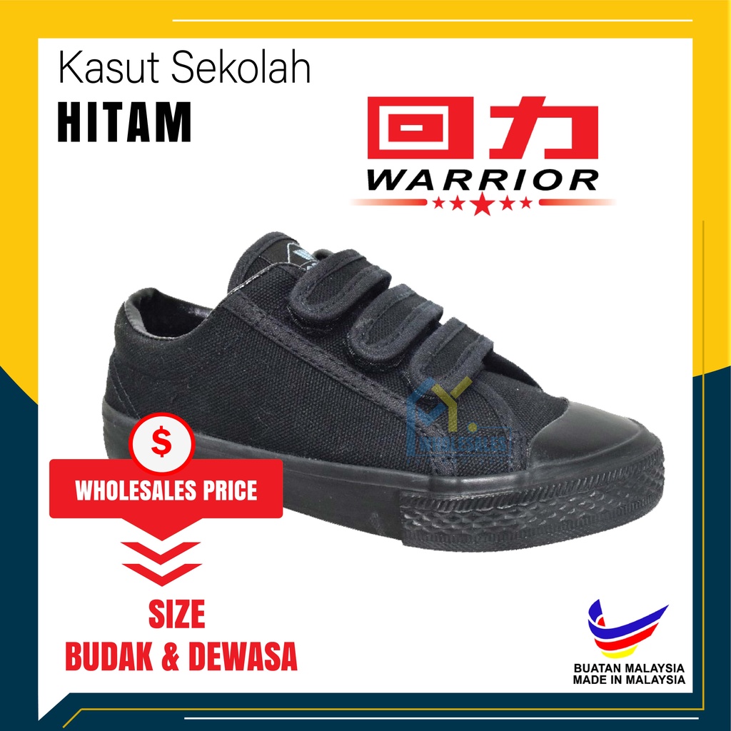 2692bk Kasut Sekolah Jenama Warrior 3 Lekat Black Shoe 3 Lekat