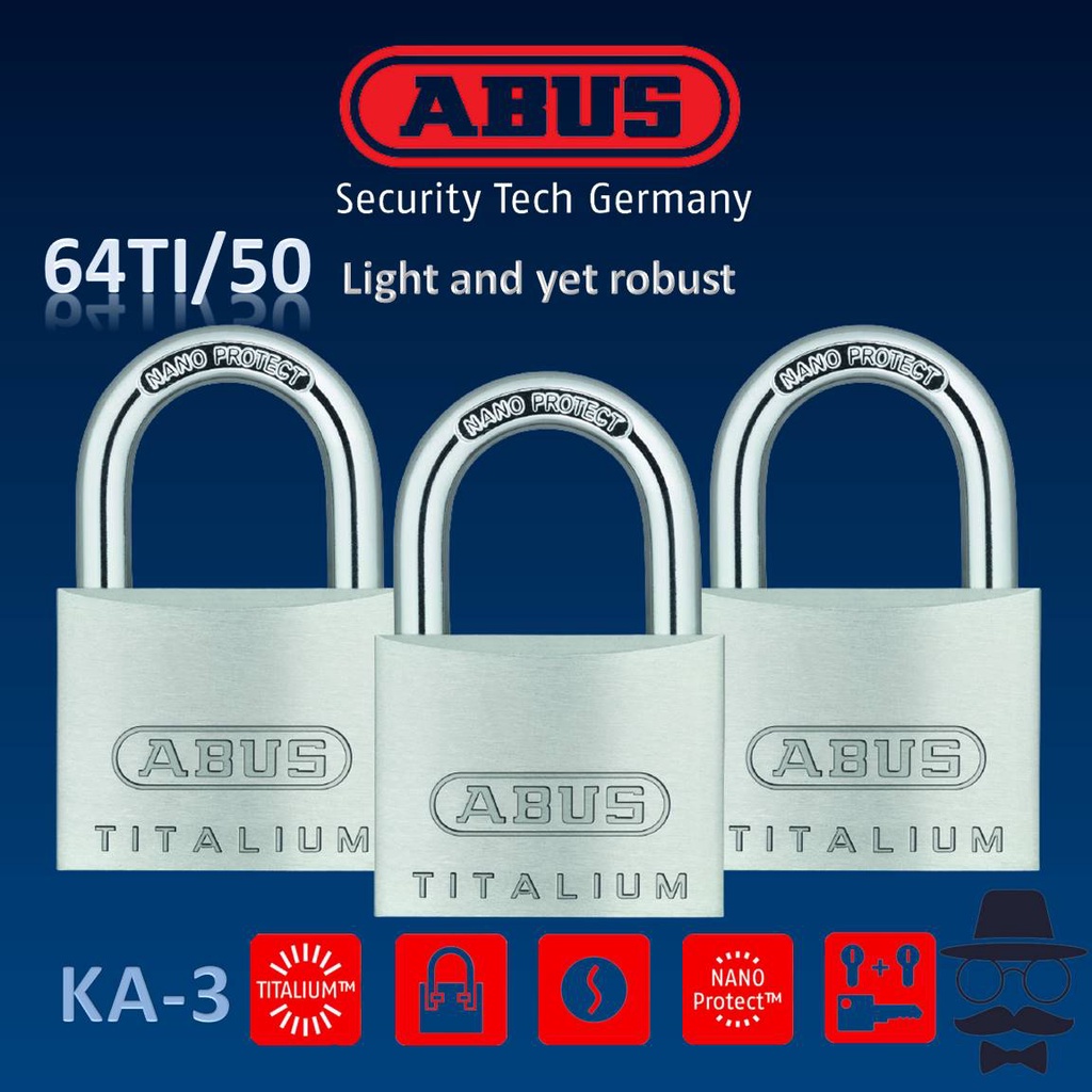 ABUS 64TI 50mm x 3 KA3 NANO PROTECT™ TITALIUM™ PADLOCK with KEY ALIKE ...