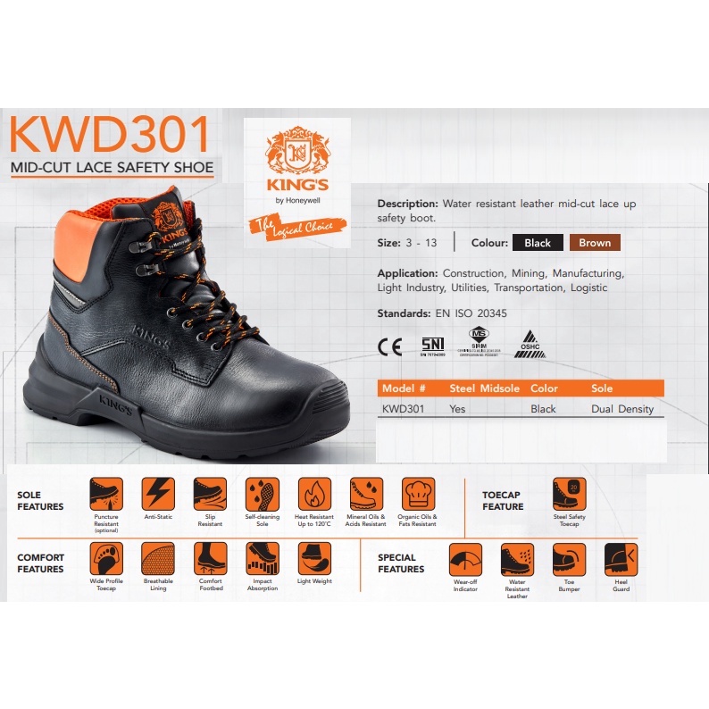 KING'S KWD301 COMFORT RANGE SERIES KWD301N MIDCUT LACEDUP SAFETY