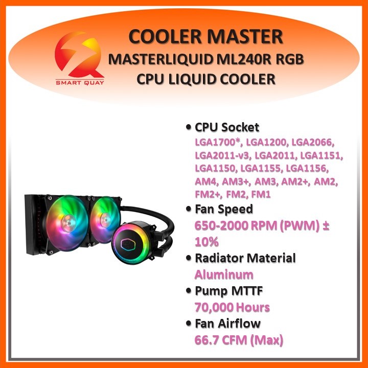 COOLER MASTER MASTERLIQUID ML240R RGB AIO CPU LIQUID COOLER/ CPU FAN