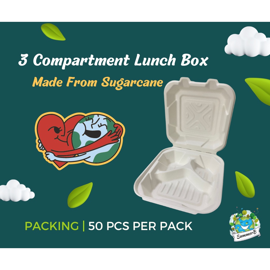 (50Pcs) Biodegradable 3 Compartment Lunch Box Square / Sugarcane Lunch