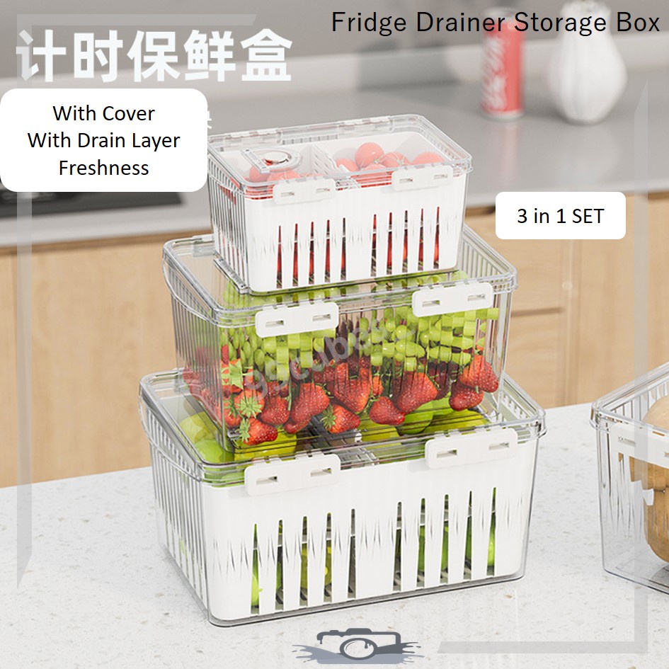 Date Label Fridge Storage Box Drainer Basket Food Container with Lid ...