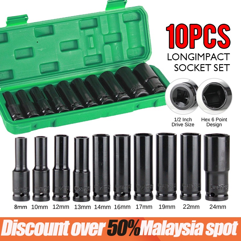10PCS 1/2 Inch Long Impact Socket Set Black Deep Box Set Tool Set 8mm