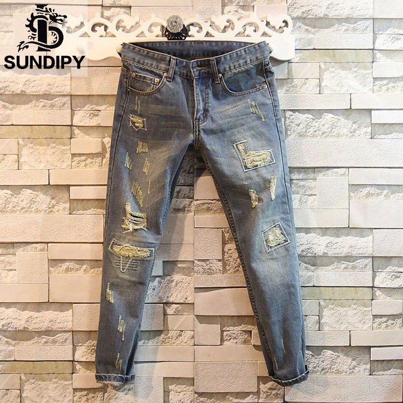 Thin Style Men's Ripped SlimFit StraightLeg Skinny Pants Trendy Japanese Shopee Malaysia