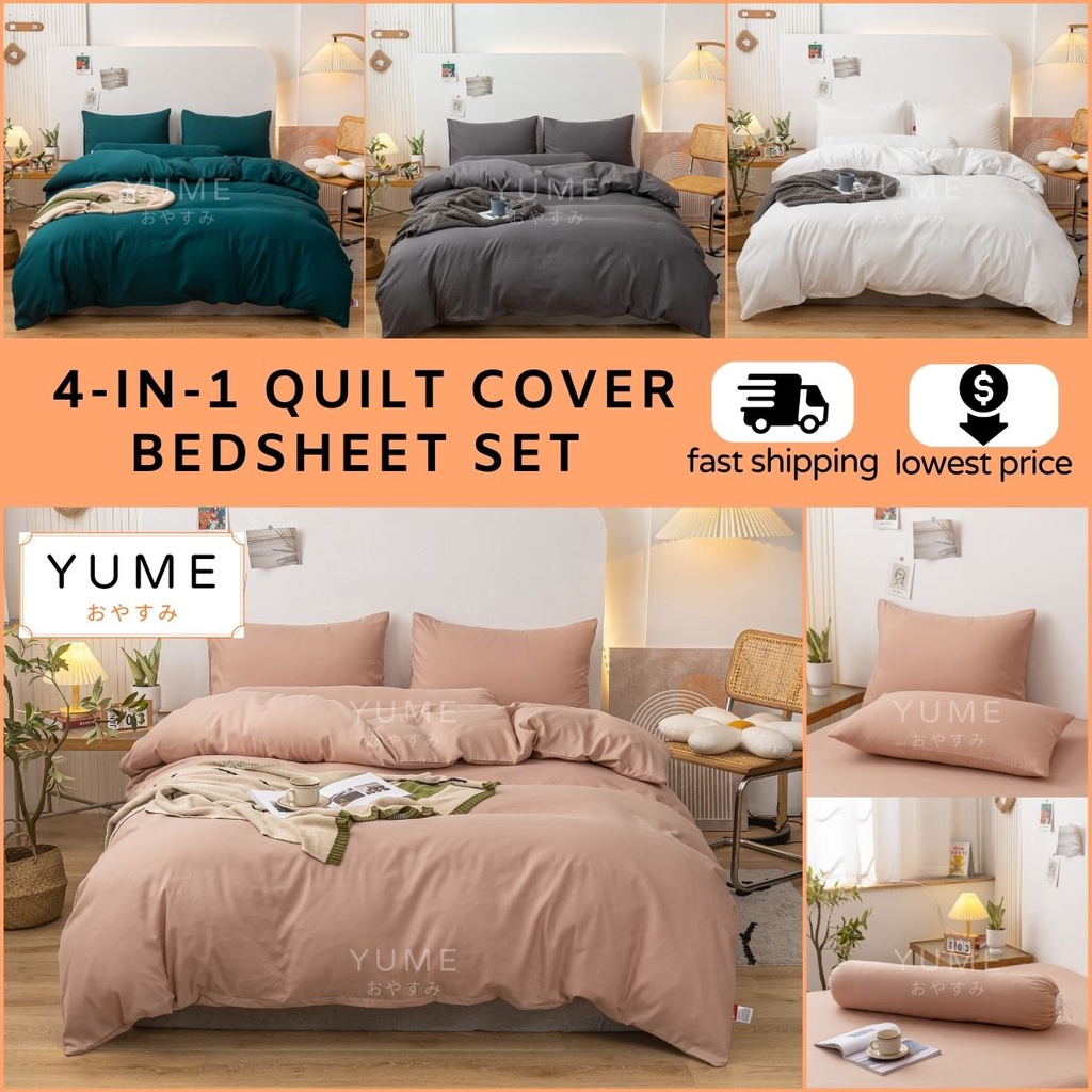 YUME Plain Color BEDSHEET WITH QUILT COVER Set 4in1 King Queen/3in1