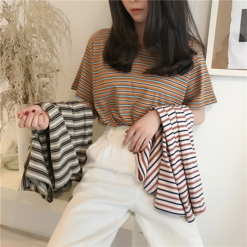 t Shirt Women Oversize Short Sleeve Korean Fashion Tops Stripe Tshirts
