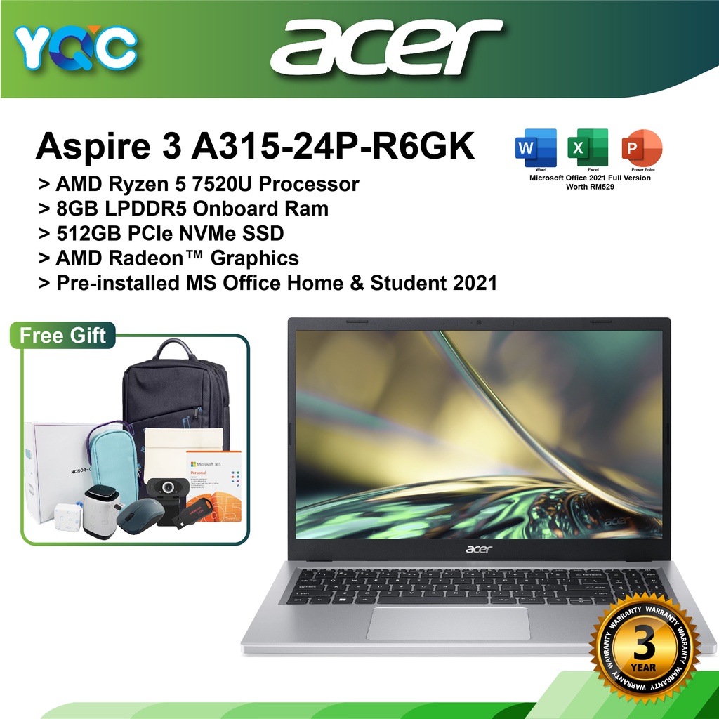 Acer Aspire 3 | A315-24P-R6GK | AMD R5 7520U | 8GB LPDDR5 | 512GB SSD ...