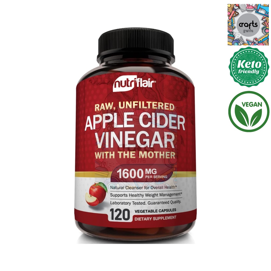 NUTRIFLAIR Apple Cider Vinegar 120 Capsules Vegan, Sugar Free, Low