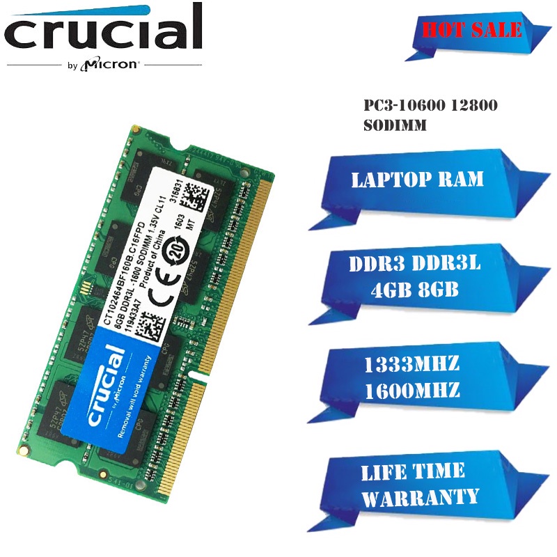 New Crucial Laptop RAM DDR3 DDR3L 8GB 1600MHz Memory SODIMM PC3L-12800S ...