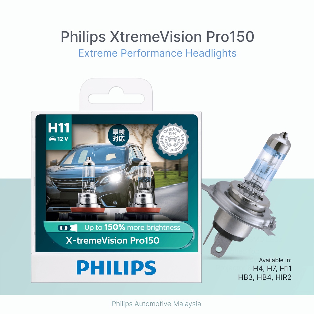 Philips Xtreme Vision Pro150 Headlight Bulb ( H4 H7 H11 HB3 HB4 HIR2, +150% More Light, Pack of 2 Halogen Bulbs )