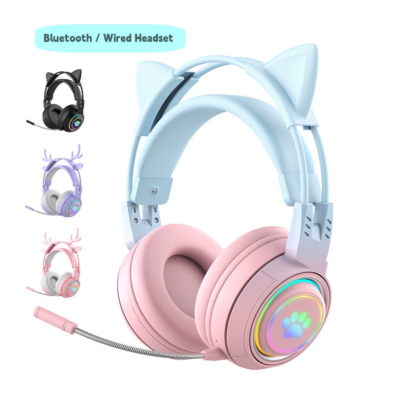 Rgb Bluetooth Gaming Headset For Phone Cute Cat Deer Ear Pink